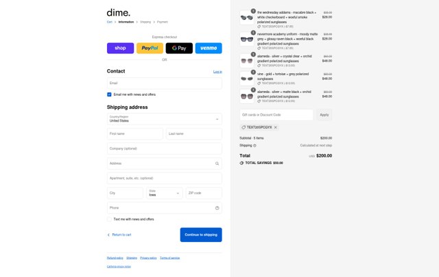 Dime Optics checkout page showing Dime Optics promo code box | Screenshot taken by SimplyCodes community member on Sep 3, 2025