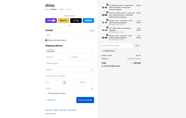Dime Optics checkout page showing Dime Optics promo code box | Screenshot taken by SimplyCodes community member on Aug 26, 2025
