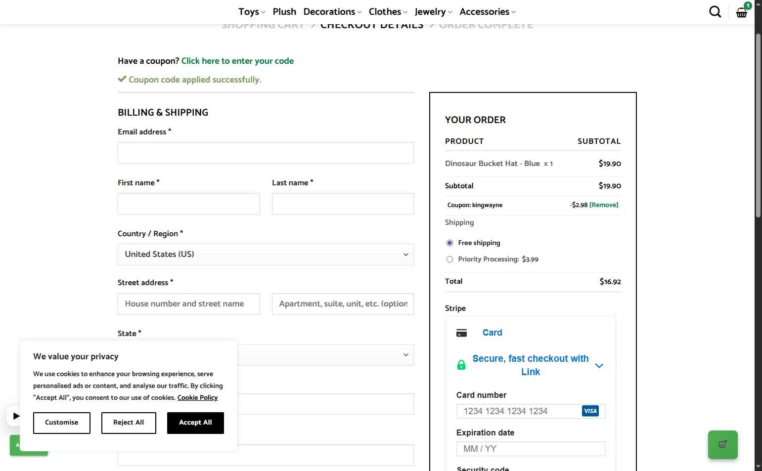 Dinosaur Universe checkout page showing Dinosaur Universe promo code box | Screenshot taken by SimplyCodes community member on Feb 2, 2026