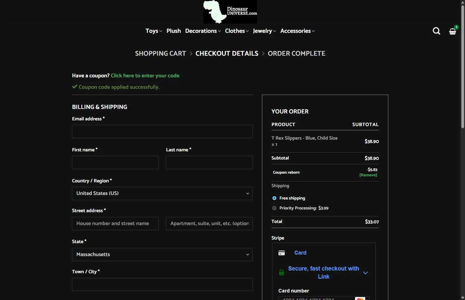Dinosaur Universe checkout page showing Dinosaur Universe promo code box | Screenshot taken by SimplyCodes community member on Feb 4, 2026
