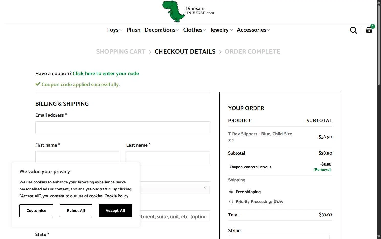 Dinosaur Universe checkout page showing Dinosaur Universe promo code box | Screenshot taken by SimplyCodes community member on Feb 3, 2026