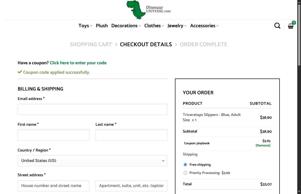 Dinosaur Universe checkout page showing Dinosaur Universe promo code box | Screenshot taken by SimplyCodes community member on Feb 5, 2026