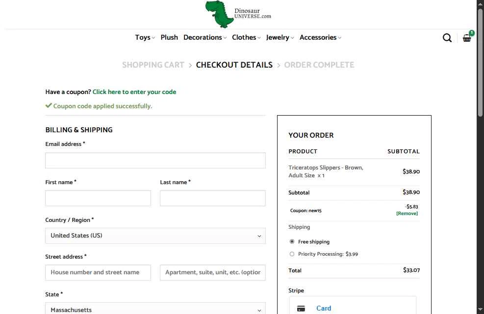 Dinosaur Universe checkout page showing Dinosaur Universe promo code box | Screenshot taken by SimplyCodes community member on Feb 3, 2026