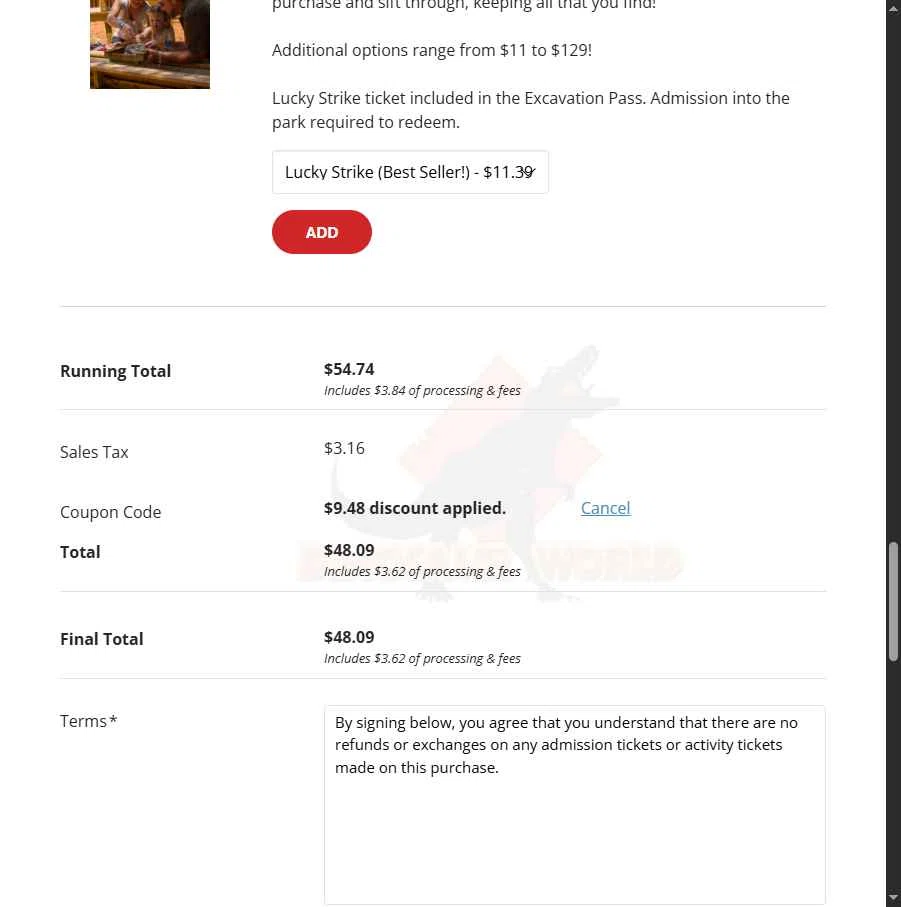 Dinosaur World checkout page showing Dinosaur World coupon code box | Screenshot taken by SimplyCodes community member on May 16, 2025