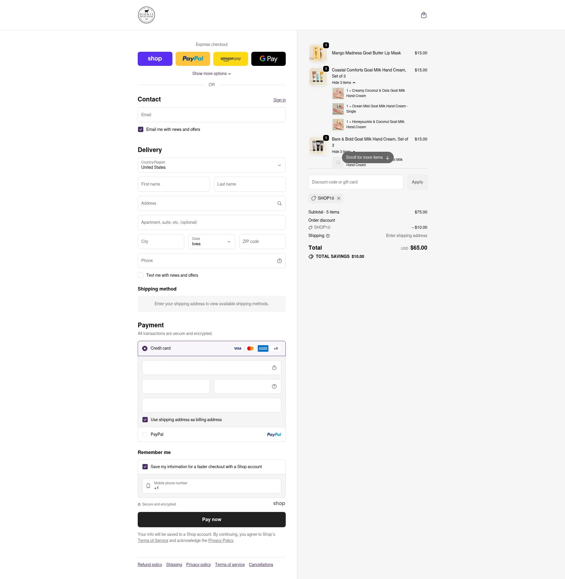 Dionis Goat Milk Skincare checkout page showing Dionis Goat Milk Skincare promo code box | Screenshot taken by SimplyCodes community member on Nov 7, 2025