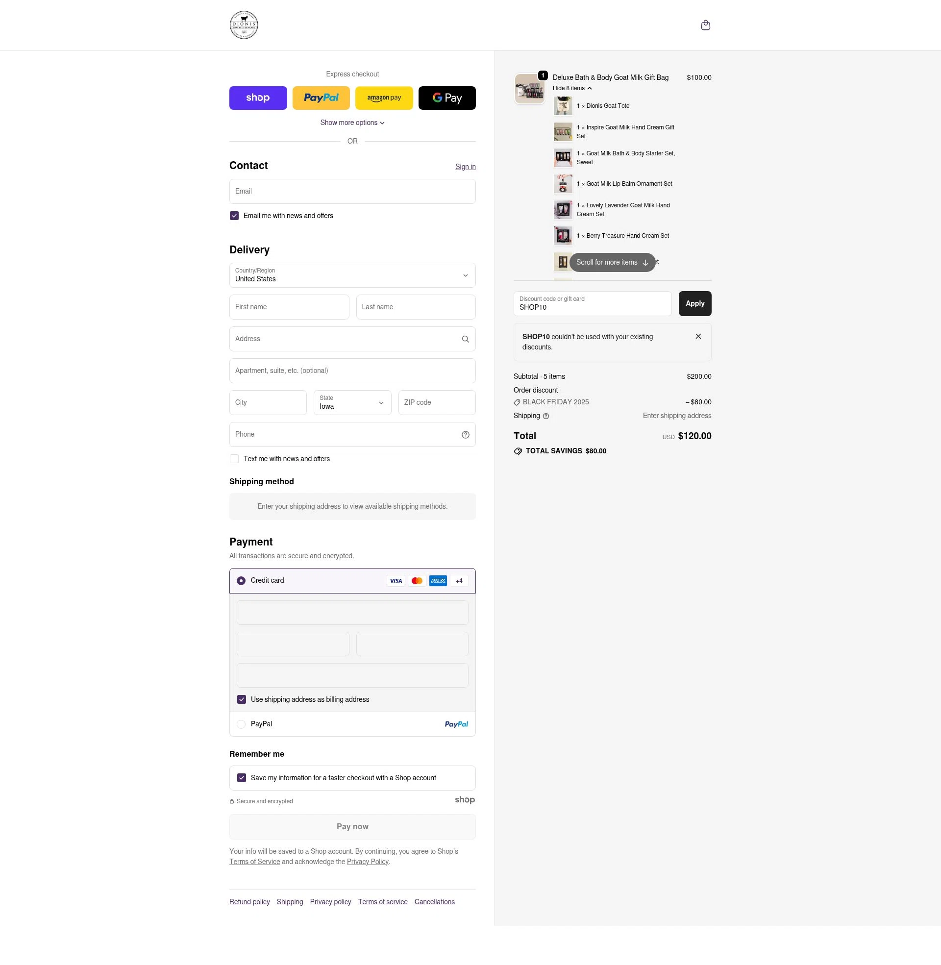 Dionis Goat Milk Skincare checkout page showing Dionis Goat Milk Skincare promo code box | Screenshot taken by SimplyCodes community member on Nov 28, 2025