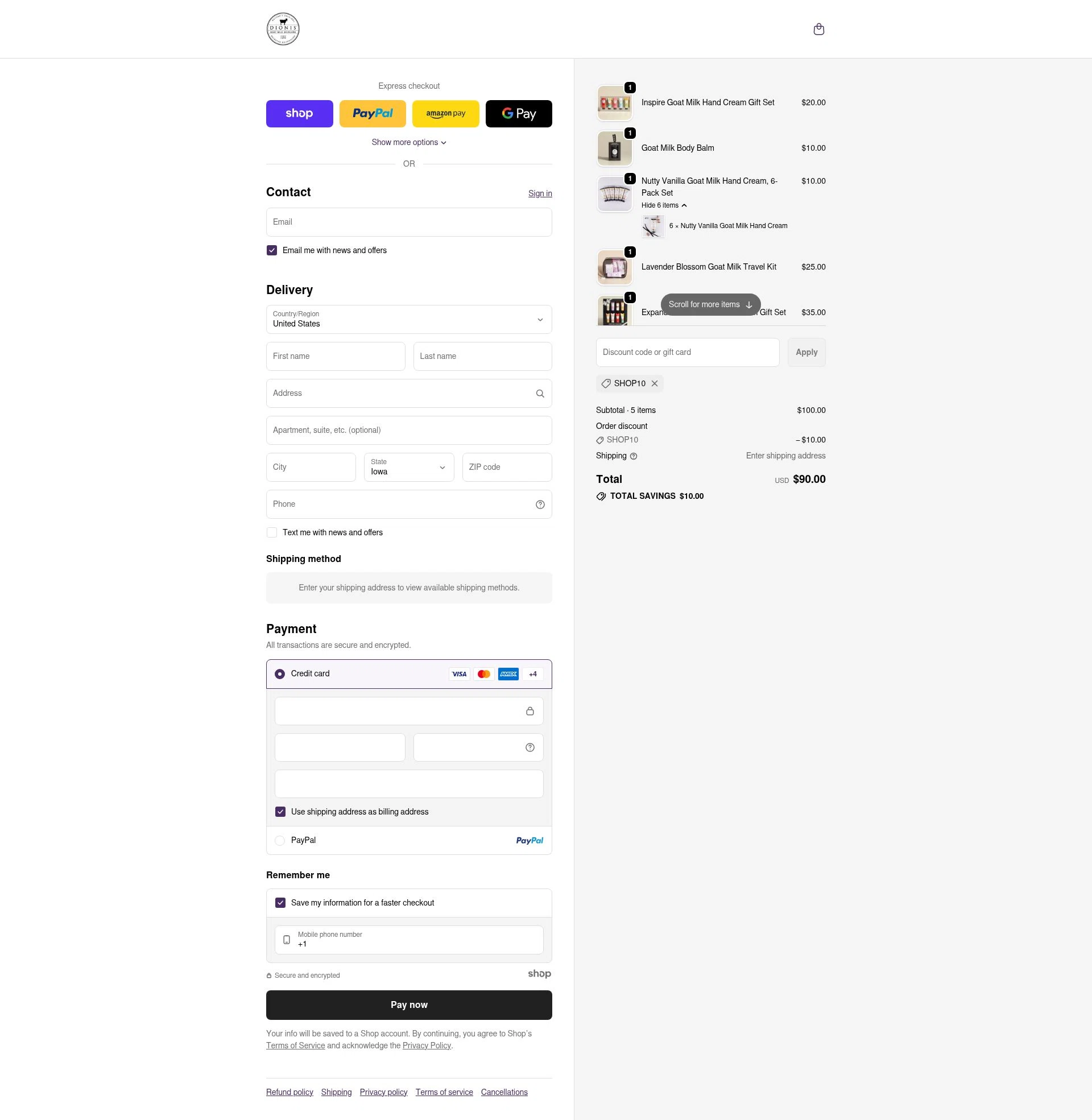 Dionis Goat Milk Skincare checkout page showing Dionis Goat Milk Skincare promo code box | Screenshot taken by SimplyCodes community member on Dec 15, 2025