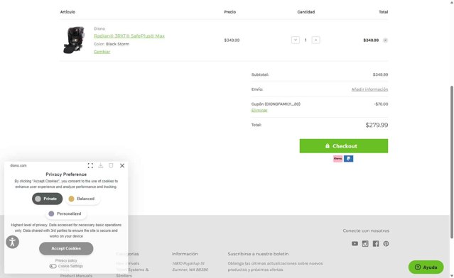 Diono US checkout page showing Diono US promo code box | Screenshot taken by SimplyCodes community member on Aug 12, 2025