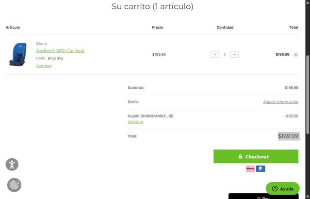 Diono US checkout page showing Diono US promo code box | Screenshot taken by SimplyCodes community member on Aug 21, 2025