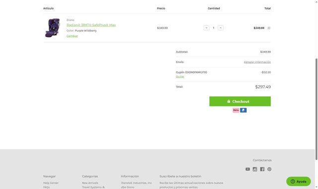 Diono US checkout page showing Diono US promo code box | Screenshot taken by SimplyCodes community member on Sep 3, 2025