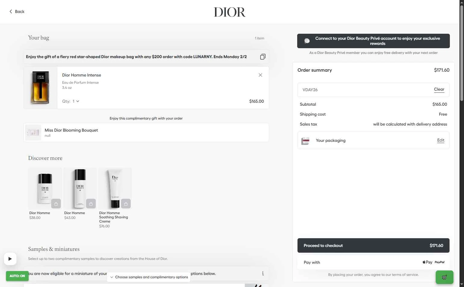 Dior Beauty checkout page showing Dior Beauty promo code box | Screenshot taken by SimplyCodes community member on Jan 30, 2026