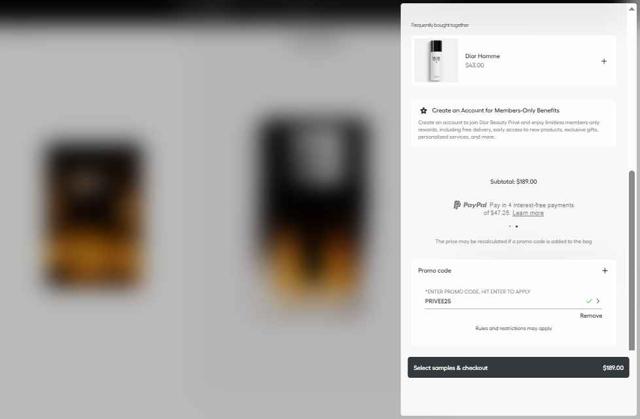 Dior Beauty checkout page showing Dior Beauty promo code box | Screenshot taken by SimplyCodes community member on Sep 12, 2025