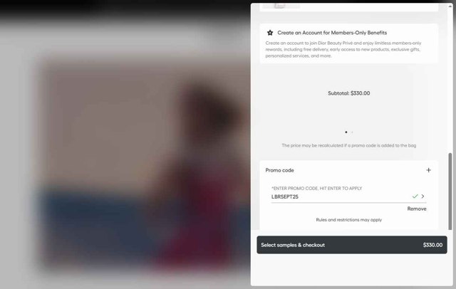 Dior Beauty checkout page showing Dior Beauty promo code box | Screenshot taken by SimplyCodes community member on Aug 29, 2025