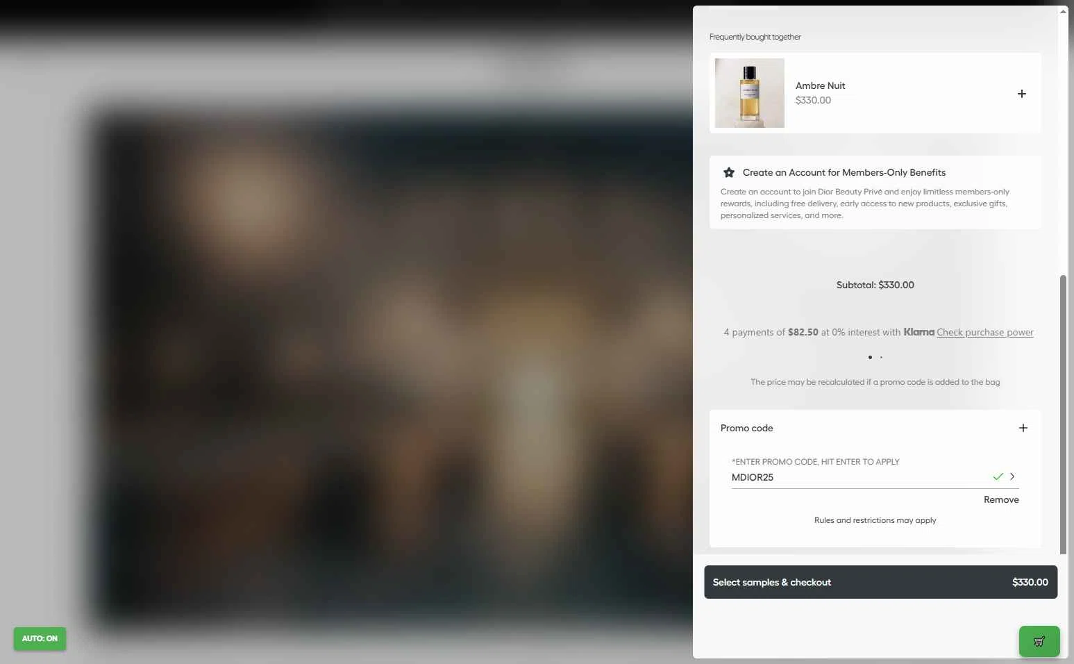 Dior Beauty checkout page showing Dior Beauty promo code box | Screenshot taken by SimplyCodes community member on Nov 26, 2025