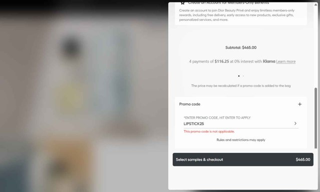 Dior Beauty checkout page showing Dior Beauty promo code box | Screenshot taken by SimplyCodes community member on Aug 10, 2025