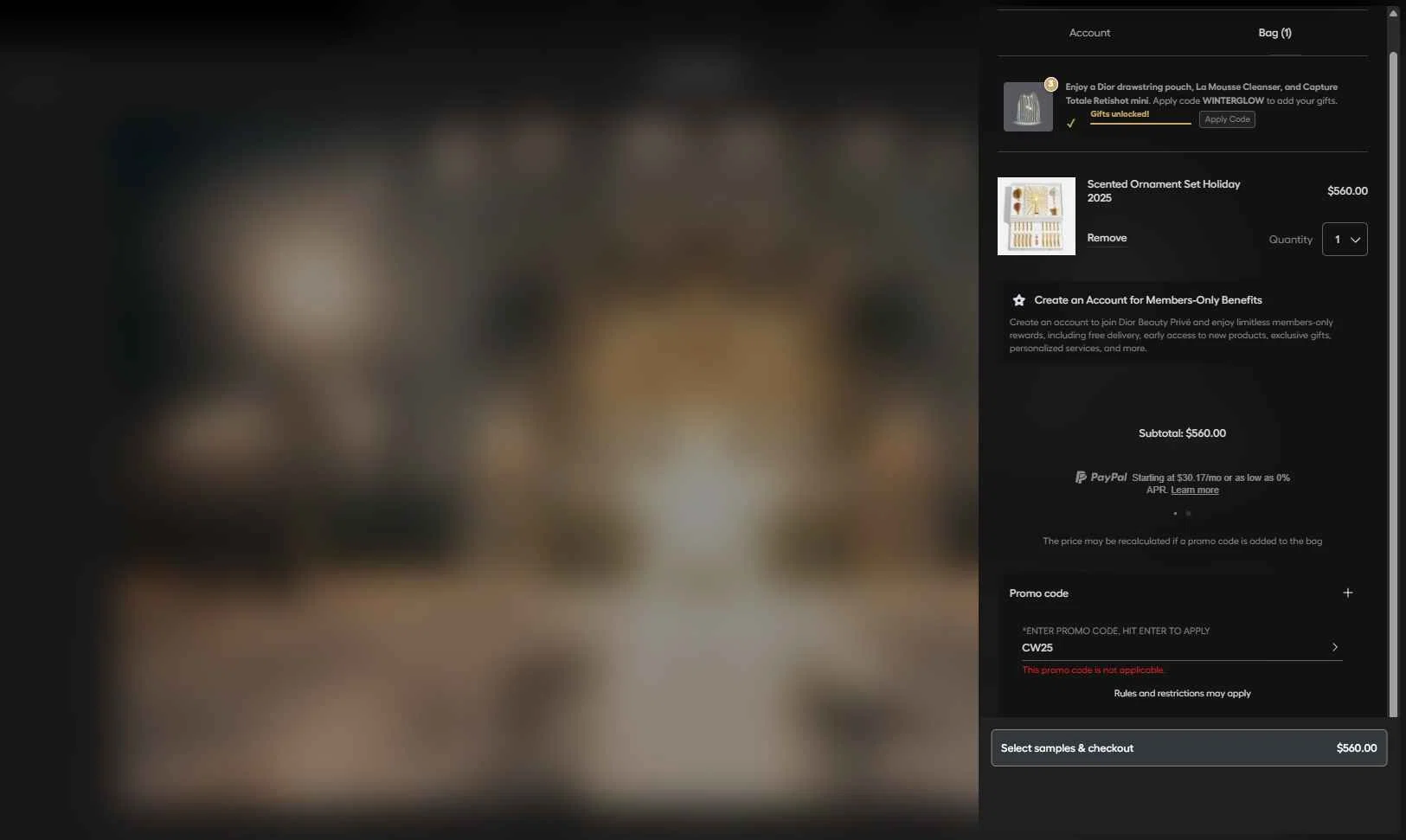 Dior Beauty checkout page showing Dior Beauty promo code box | Screenshot taken by SimplyCodes community member on Dec 16, 2025