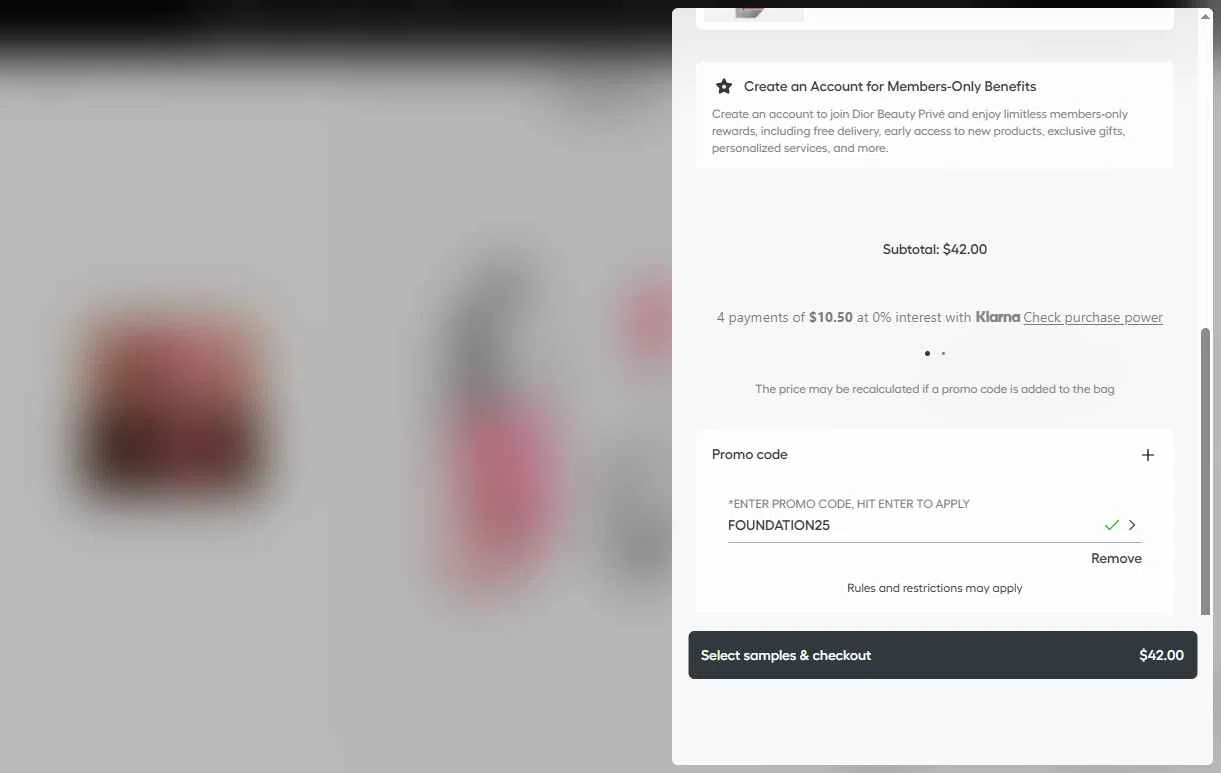 Dior Beauty checkout page showing Dior Beauty promo code box | Screenshot taken by SimplyCodes community member on Jan 6, 2026
