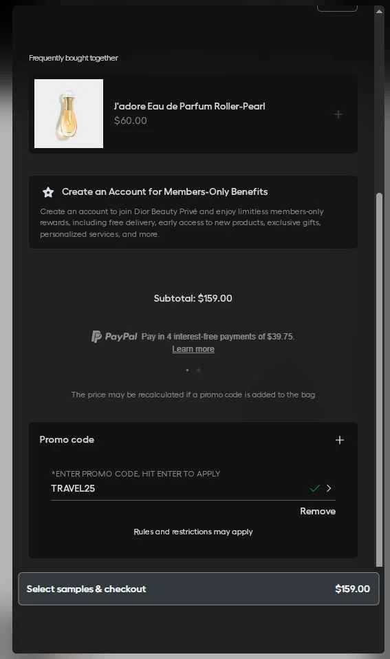 Dior Beauty checkout page showing Dior Beauty promo code box | Screenshot taken by SimplyCodes community member on Dec 11, 2025
