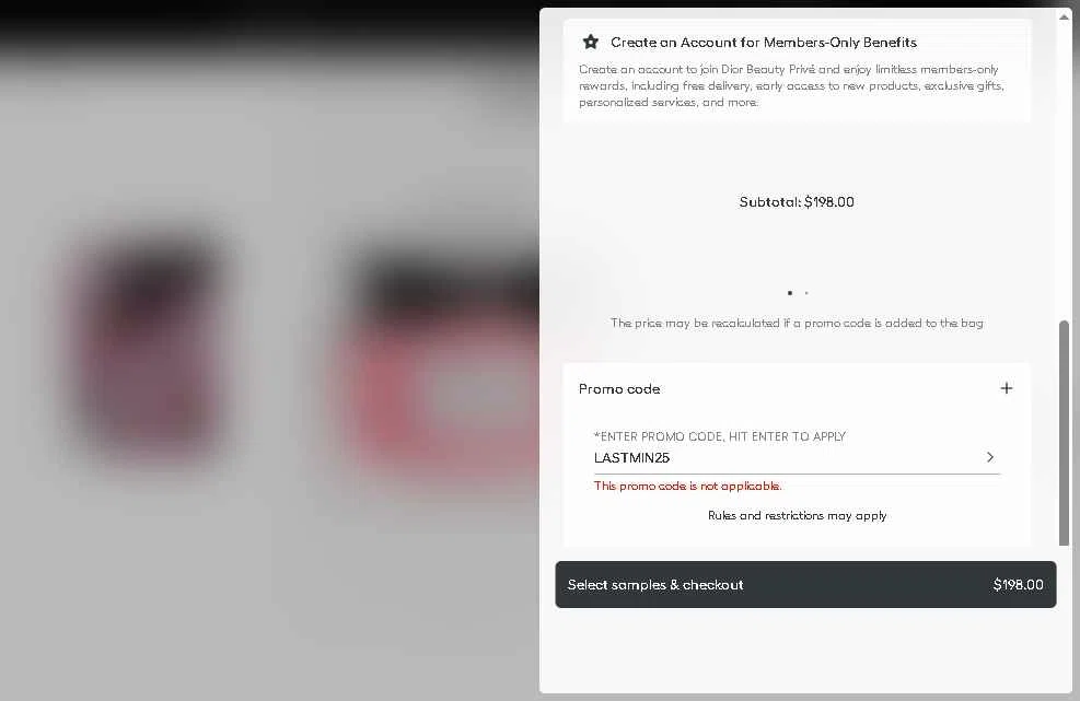 Dior Beauty checkout page showing Dior Beauty promo code box | Screenshot taken by SimplyCodes community member on Jan 17, 2026