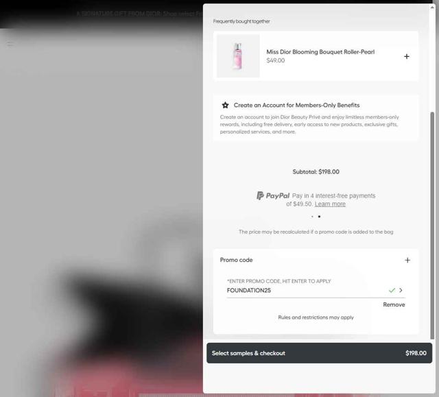 Dior Beauty checkout page showing Dior Beauty promo code box | Screenshot taken by SimplyCodes community member on Sep 24, 2025