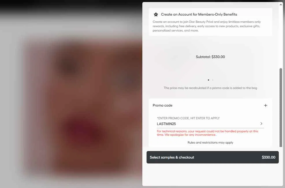 Dior Beauty checkout page showing Dior Beauty promo code box | Screenshot taken by SimplyCodes community member on Jan 6, 2026