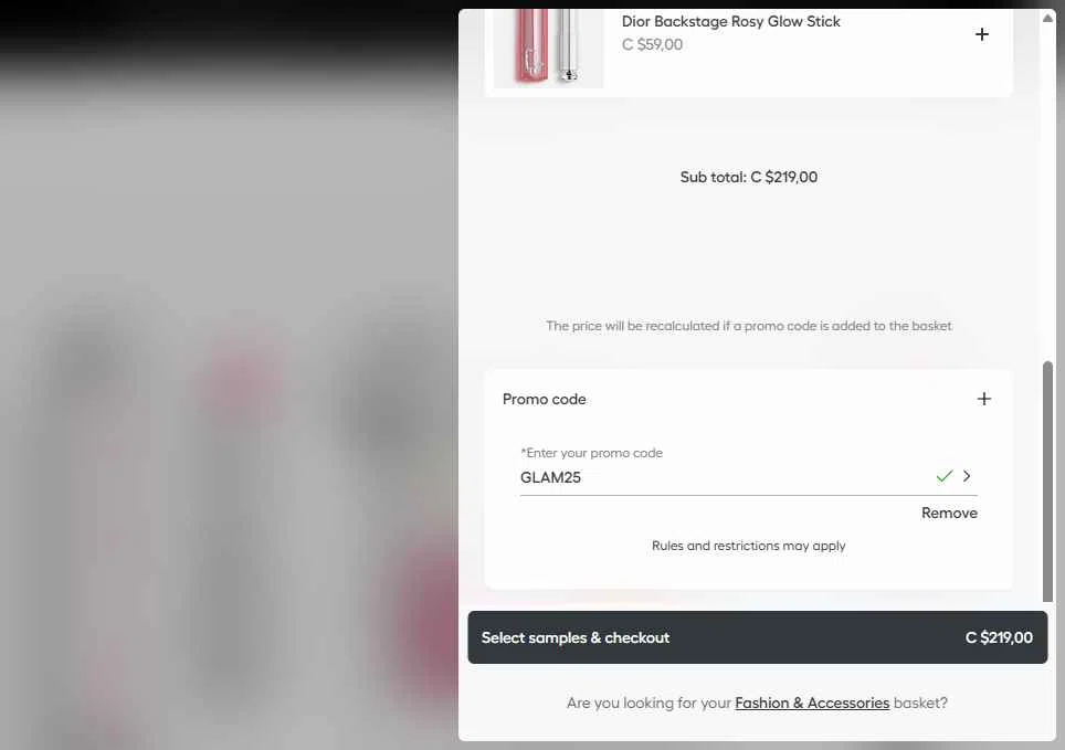 Dior Beauty checkout page showing Dior Beauty promo code box | Screenshot taken by SimplyCodes community member on Dec 12, 2025