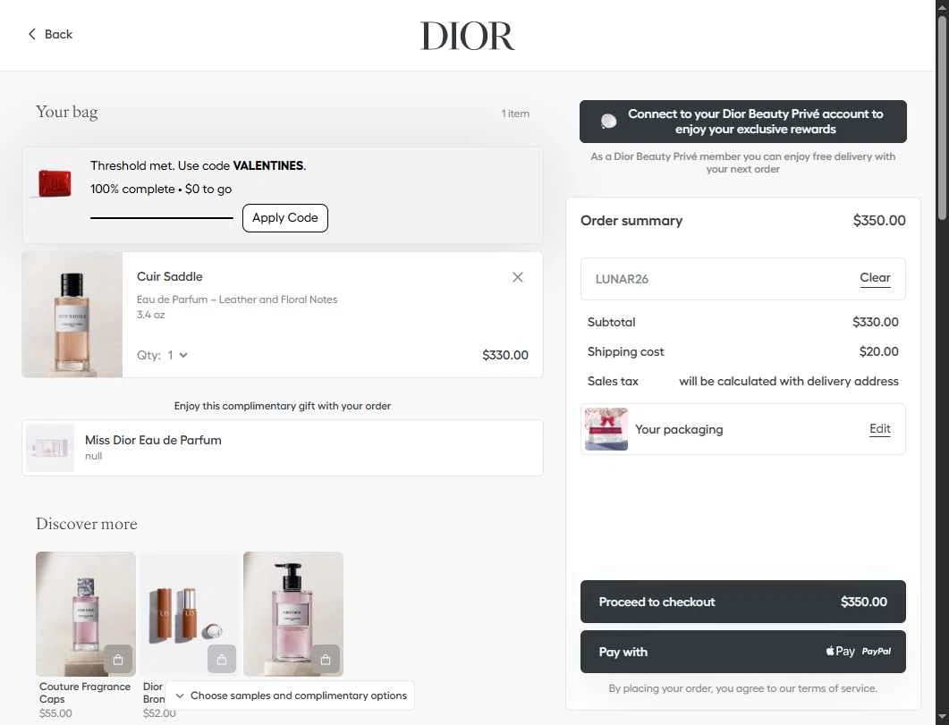 Dior Beauty checkout page showing Dior Beauty promo code box | Screenshot taken by SimplyCodes community member on Feb 11, 2026