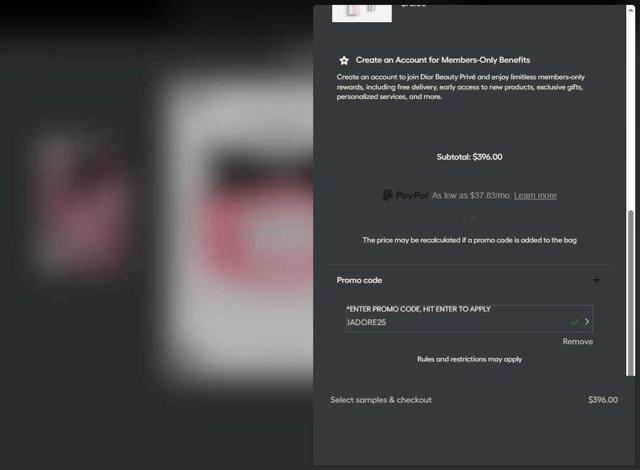 Dior Beauty checkout page showing Dior Beauty promo code box | Screenshot taken by SimplyCodes community member on Sep 26, 2025