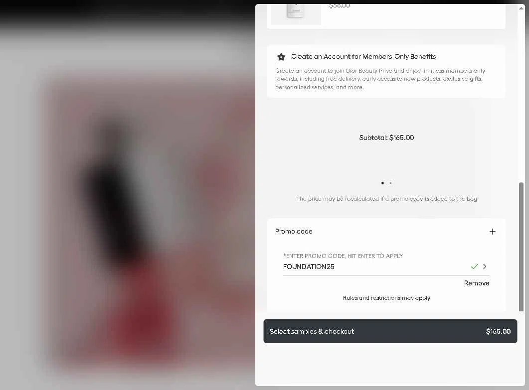 Dior Beauty checkout page showing Dior Beauty promo code box | Screenshot taken by SimplyCodes community member on Jan 17, 2026