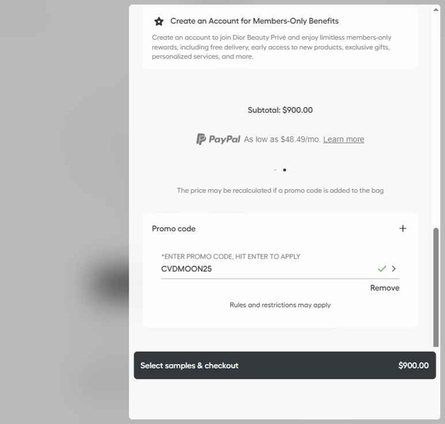 Dior Beauty checkout page showing Dior Beauty promo code box | Screenshot taken by SimplyCodes community member on Aug 29, 2025