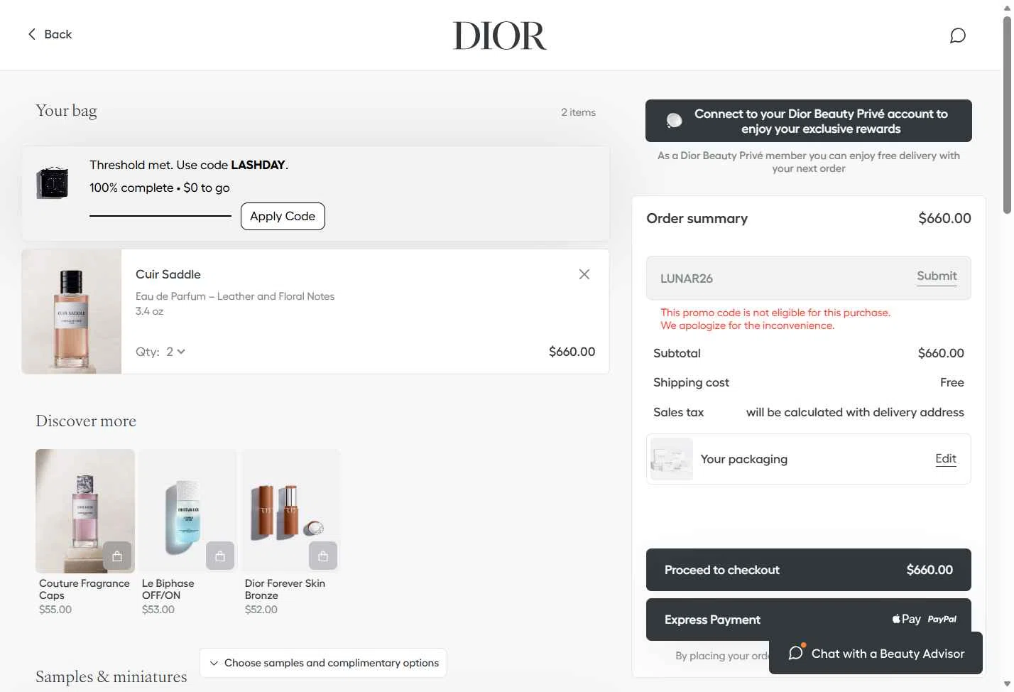 Dior Beauty checkout page showing Dior Beauty promo code box | Screenshot taken by SimplyCodes community member on Feb 20, 2026