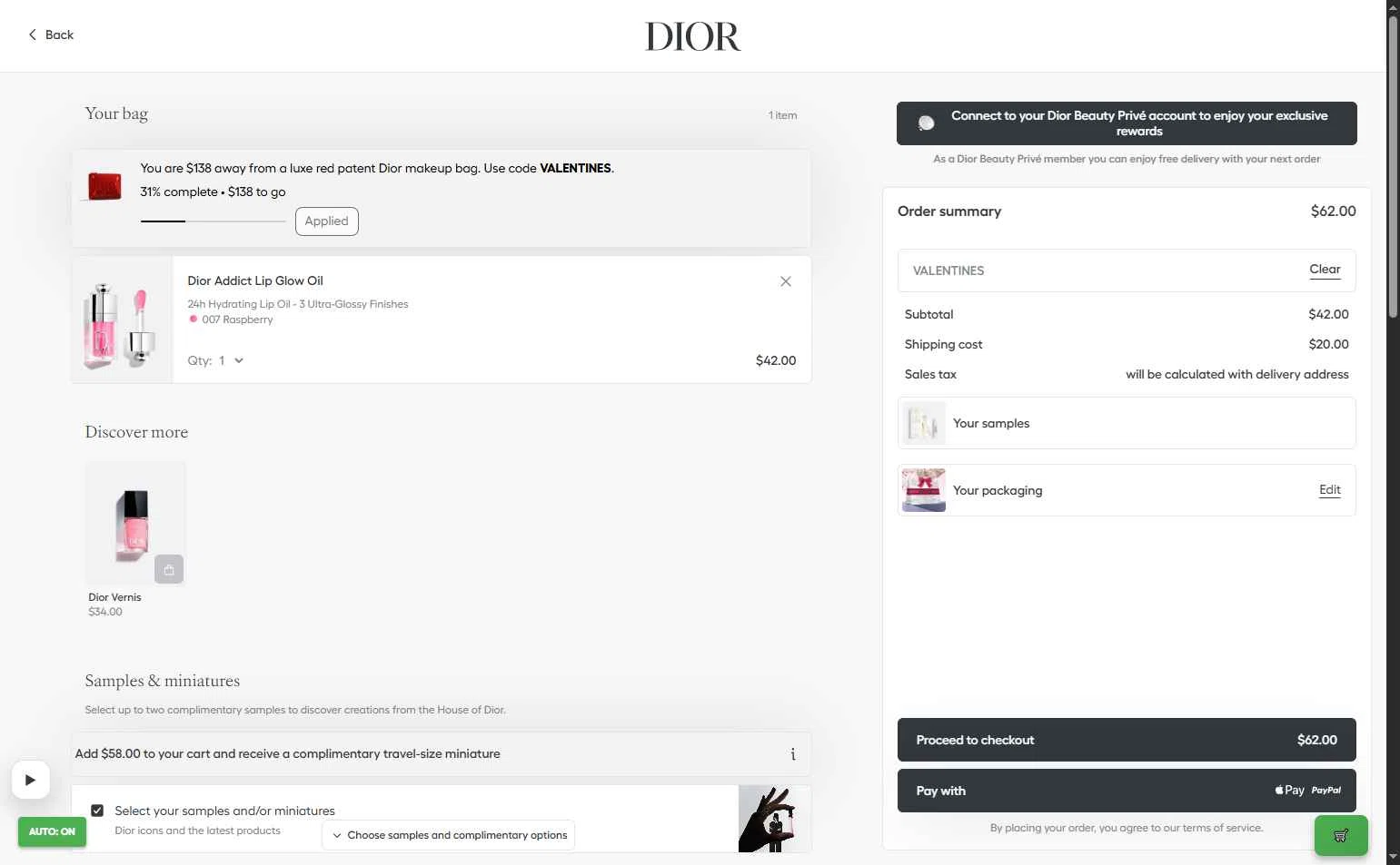 Dior Beauty checkout page showing Dior Beauty promo code box | Screenshot taken by SimplyCodes community member on Feb 12, 2026