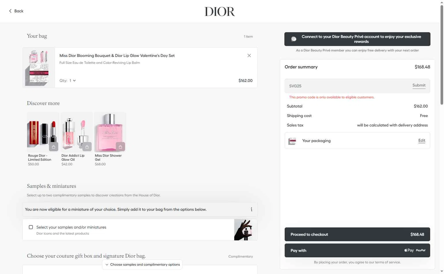 Dior Beauty checkout page showing Dior Beauty promo code box | Screenshot taken by SimplyCodes community member on Feb 4, 2026