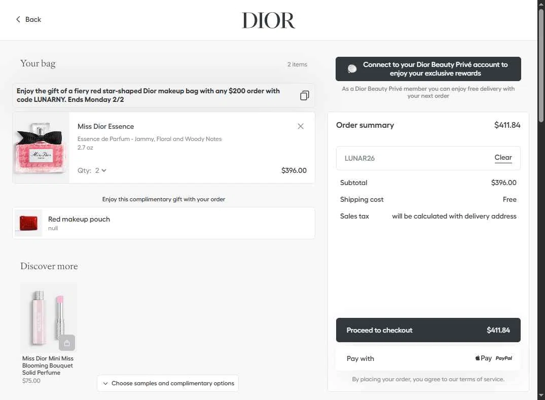 Dior Beauty checkout page showing Dior Beauty promo code box | Screenshot taken by SimplyCodes community member on Jan 31, 2026