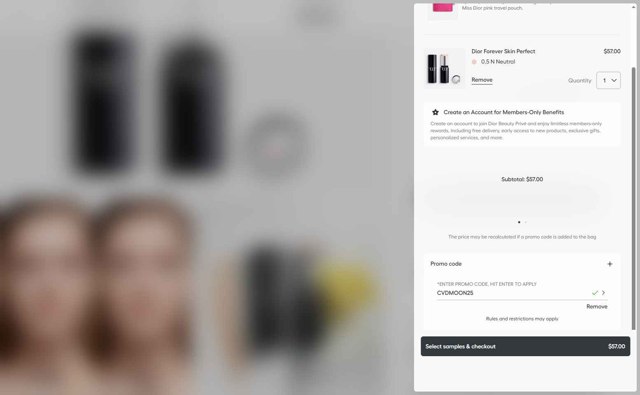 Dior Beauty checkout page showing Dior Beauty promo code box | Screenshot taken by SimplyCodes community member on Aug 18, 2025