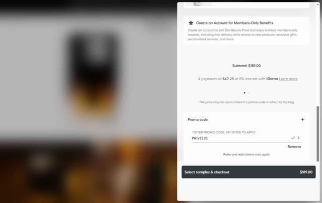 Dior Beauty checkout page showing Dior Beauty promo code box | Screenshot taken by SimplyCodes community member on Sep 1, 2025