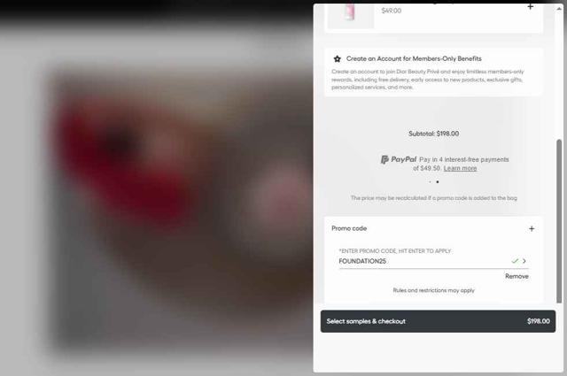 Dior Beauty checkout page showing Dior Beauty promo code box | Screenshot taken by SimplyCodes community member on Sep 30, 2025