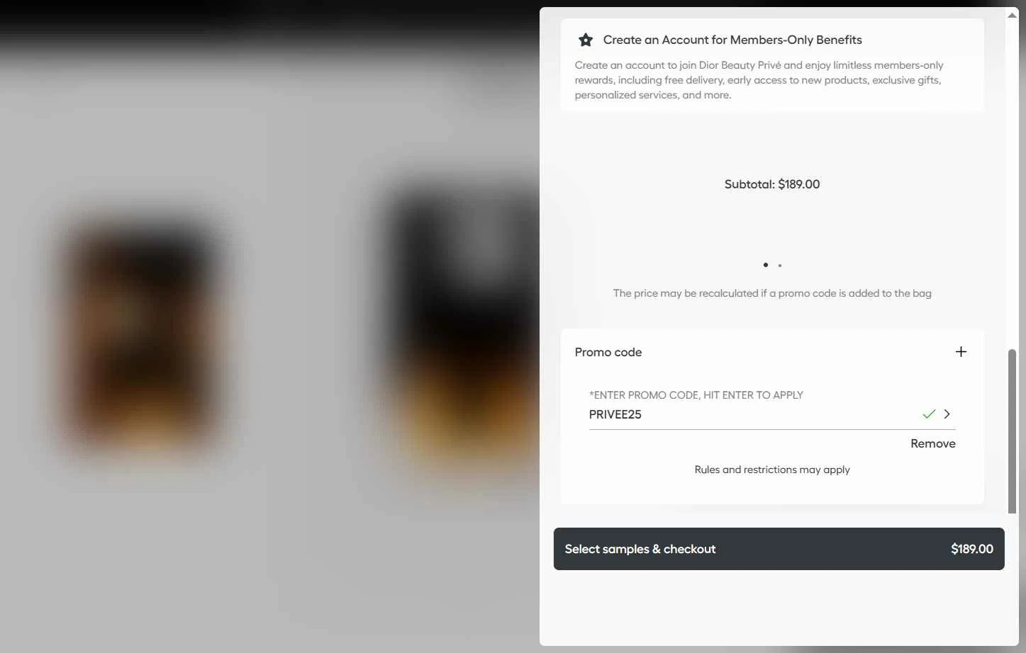Dior Beauty checkout page showing Dior Beauty promo code box | Screenshot taken by SimplyCodes community member on Jan 8, 2026