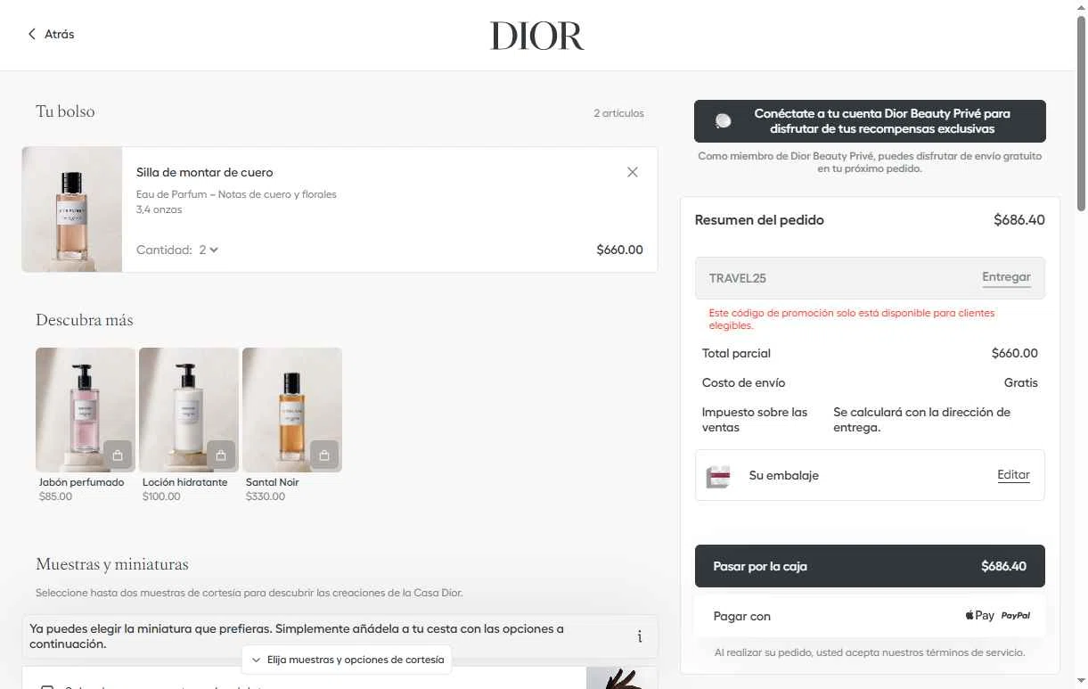 Dior Beauty checkout page showing Dior Beauty promo code box | Screenshot taken by SimplyCodes community member on Jan 22, 2026