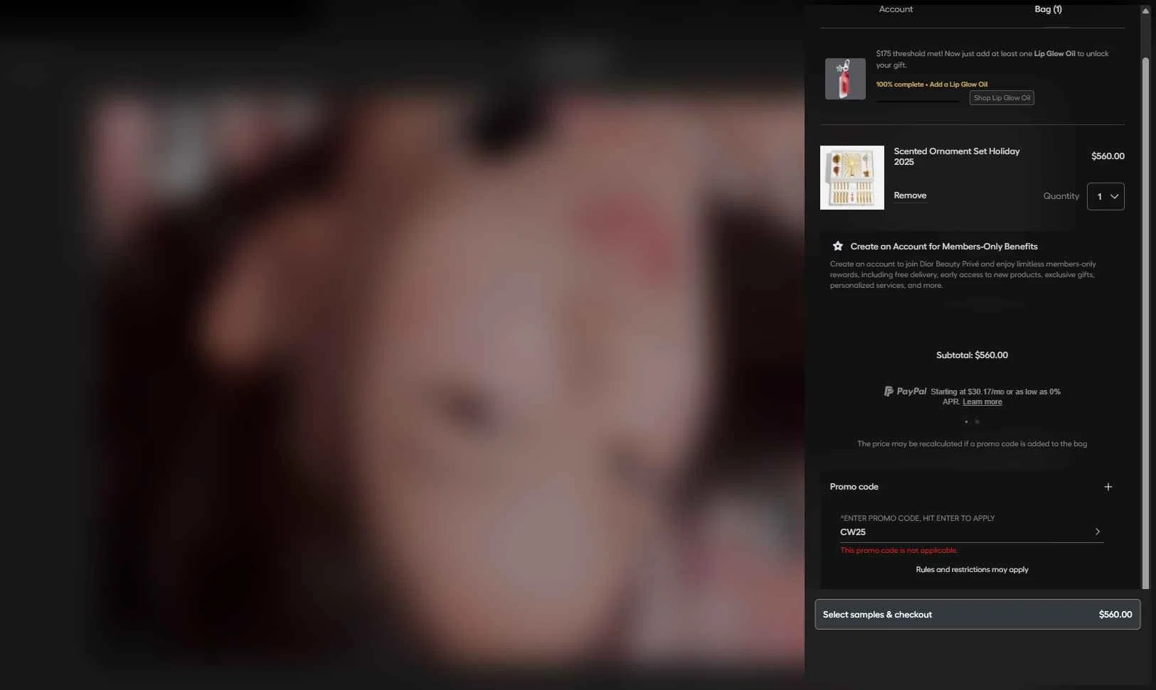 Dior Beauty checkout page showing Dior Beauty promo code box | Screenshot taken by SimplyCodes community member on Dec 27, 2025