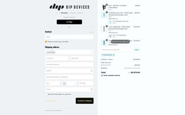 Dip Devices checkout page showing Dip Devices discount code box | Screenshot taken by SimplyCodes community member on Sep 7, 2025