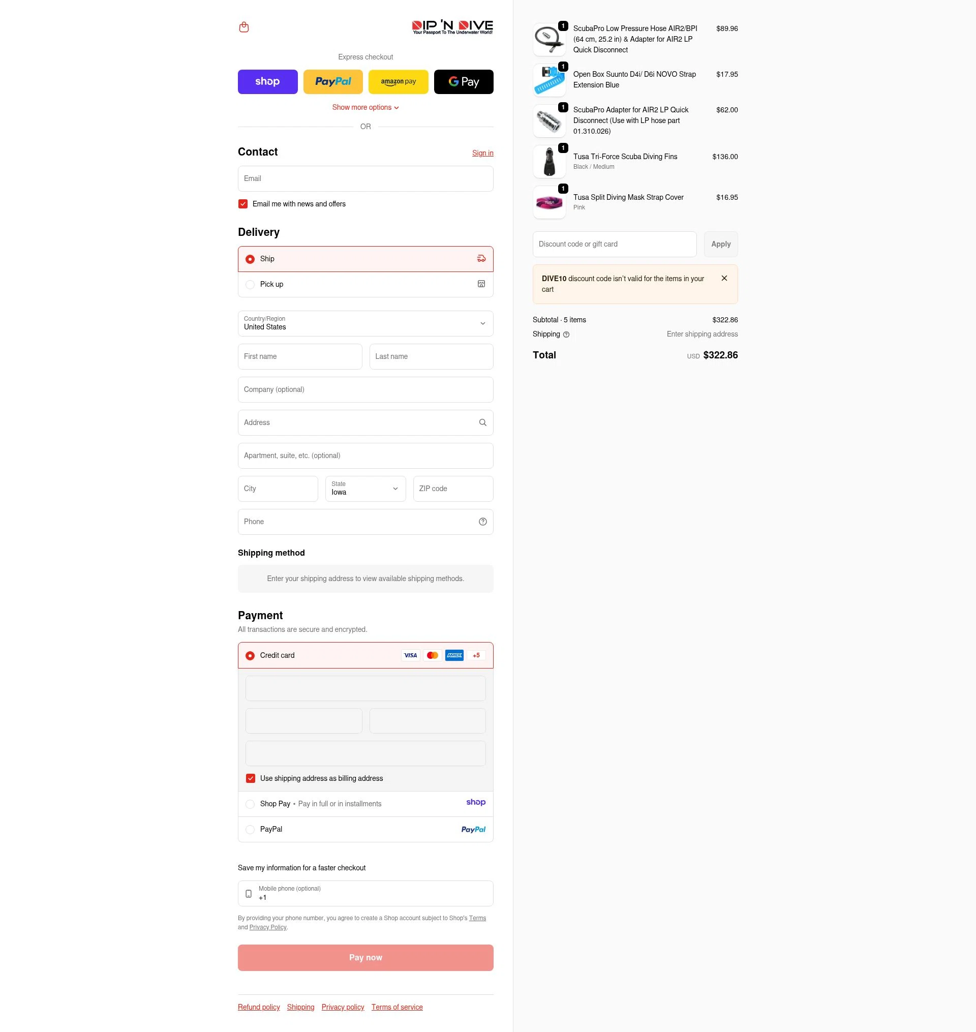 Dip 'N Dive checkout page showing Dip 'N Dive promo code box | Screenshot taken by SimplyCodes community member on Jan 10, 2026