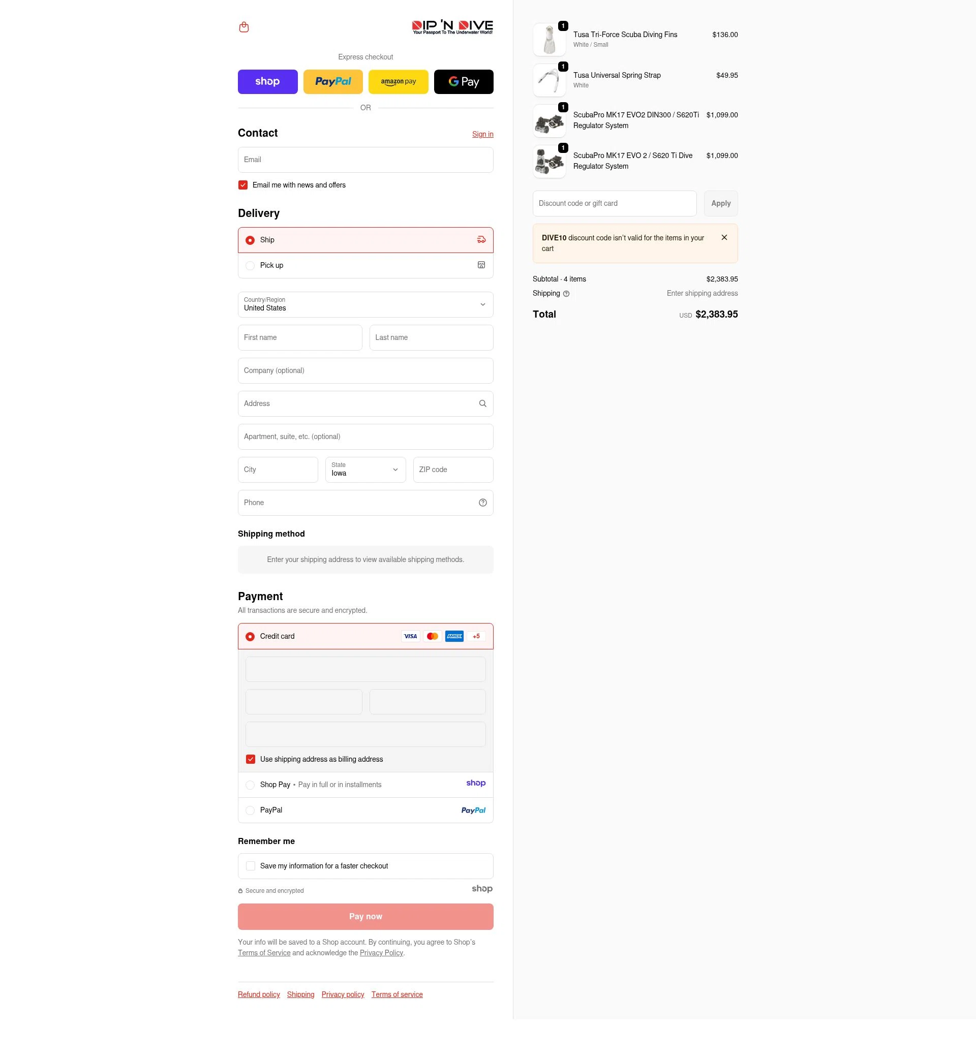 Dip 'N Dive checkout page showing Dip 'N Dive promo code box | Screenshot taken by SimplyCodes community member on Dec 20, 2025