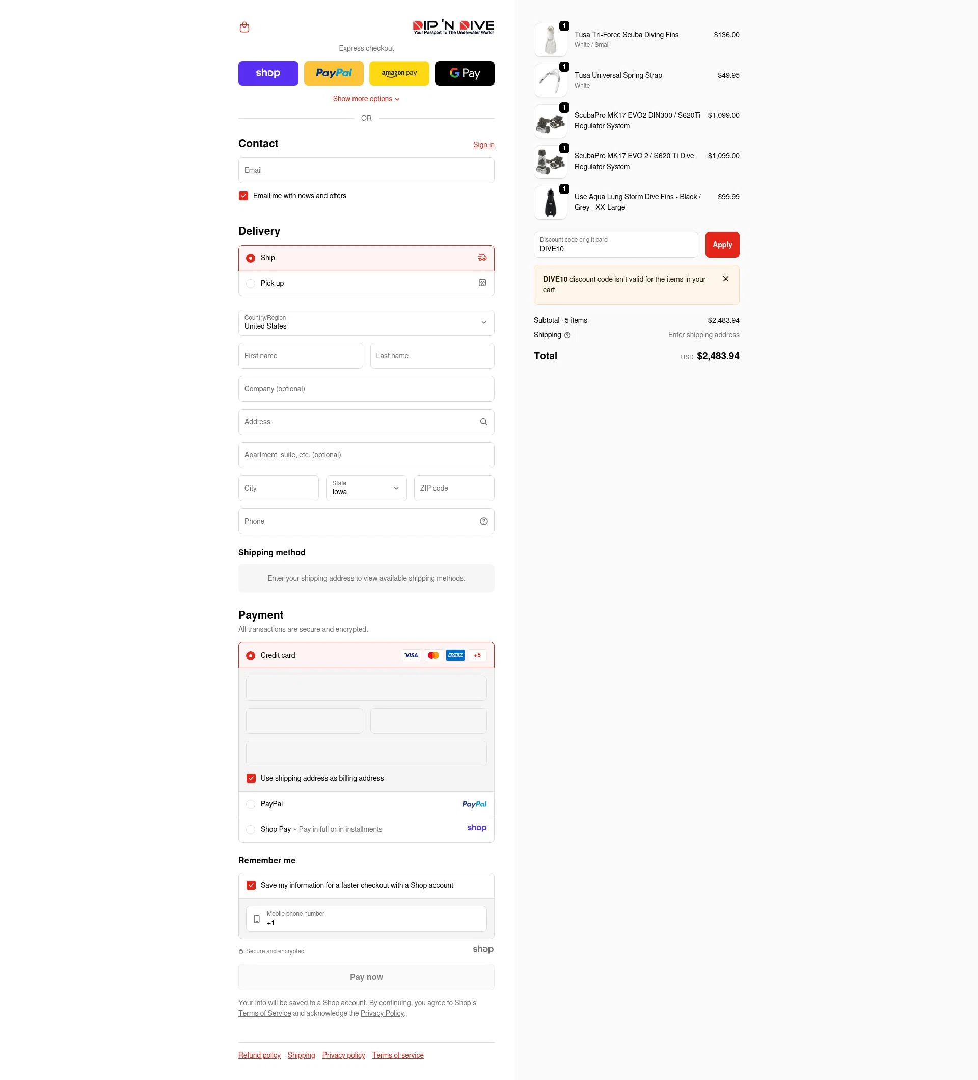 Dip 'N Dive checkout page showing Dip 'N Dive promo code box | Screenshot taken by SimplyCodes community member on Dec 8, 2025