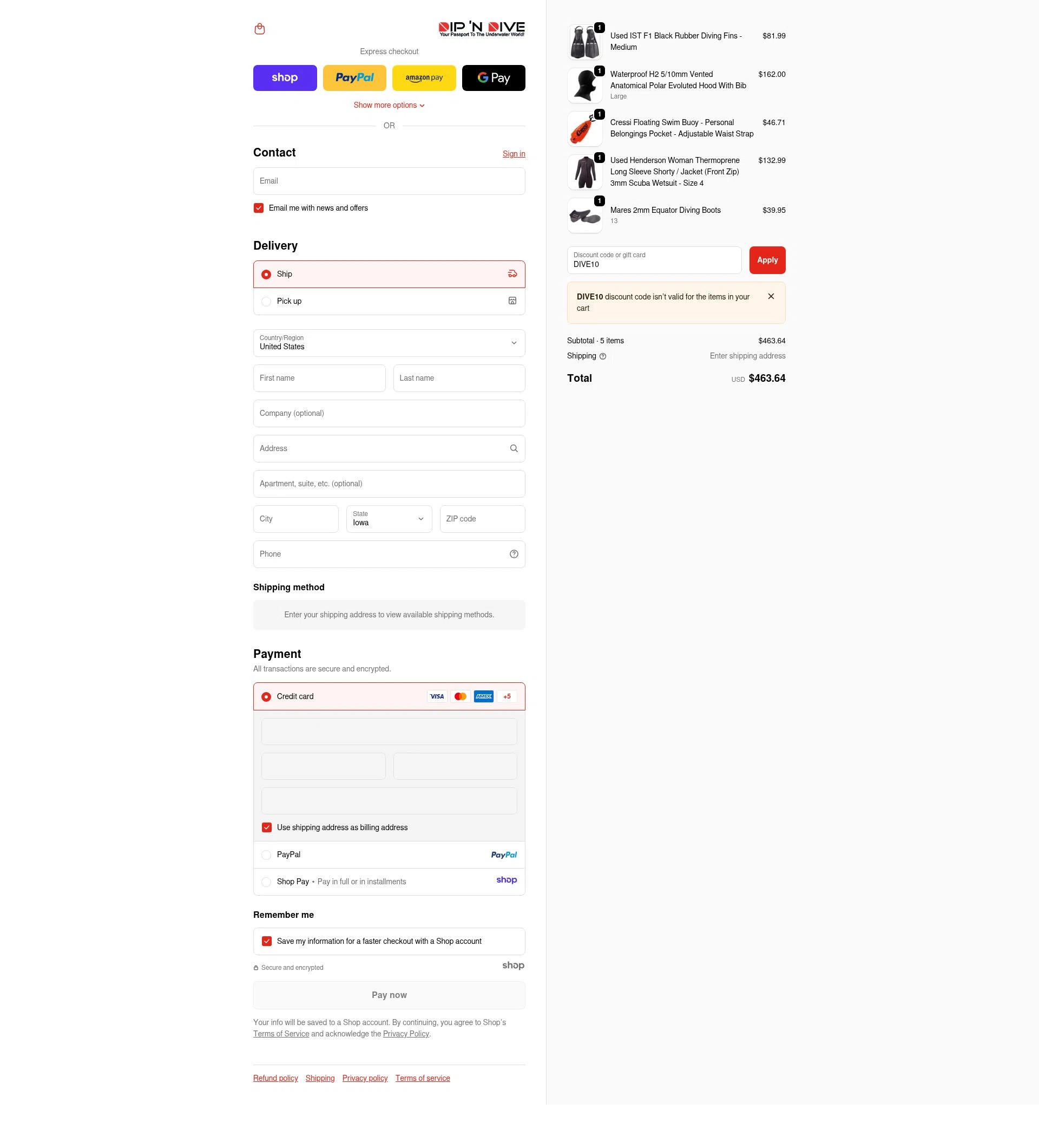Dip 'N Dive checkout page showing Dip 'N Dive promo code box | Screenshot taken by SimplyCodes community member on Nov 27, 2025