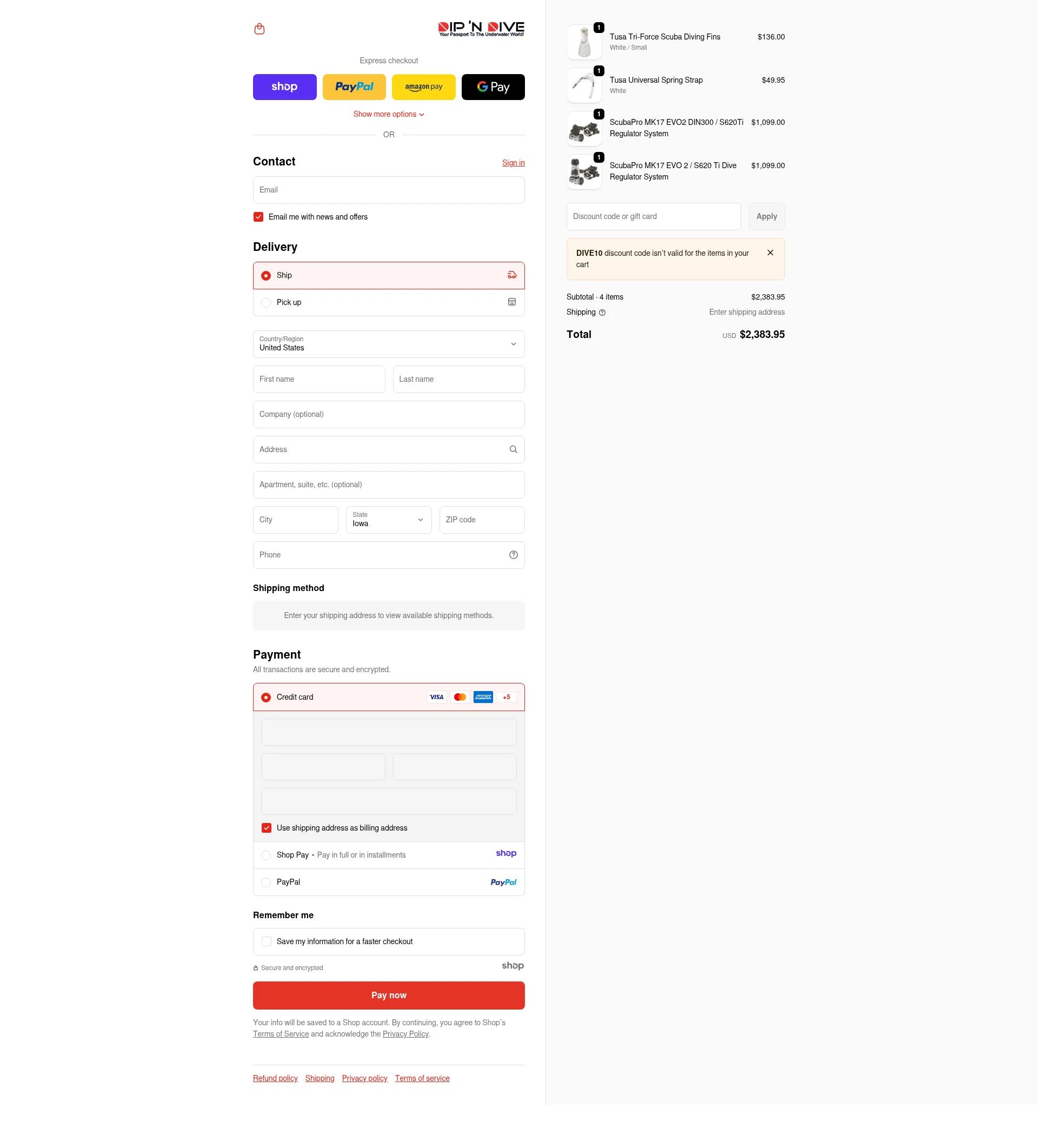 Dip 'N Dive checkout page showing Dip 'N Dive promo code box | Screenshot taken by SimplyCodes community member on Dec 26, 2025