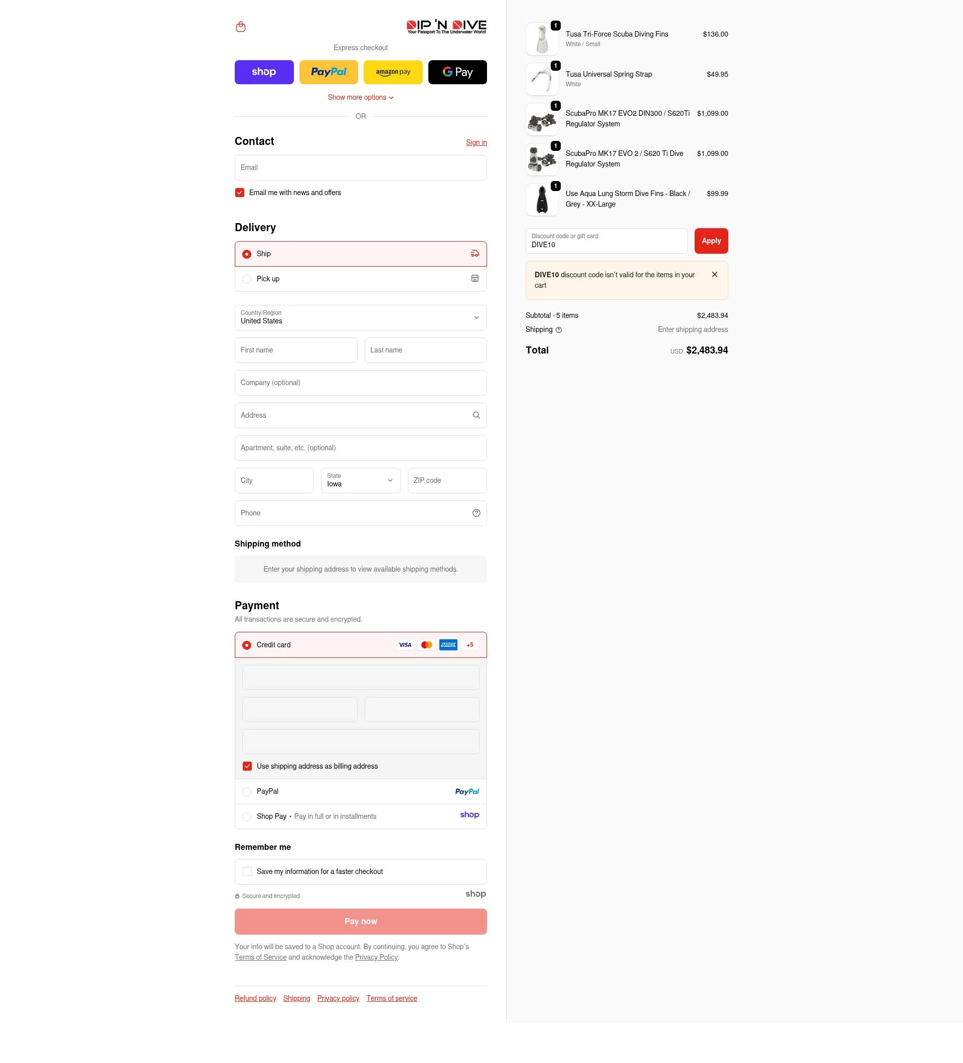 Dip 'N Dive checkout page showing Dip 'N Dive promo code box | Screenshot taken by SimplyCodes community member on Dec 13, 2025
