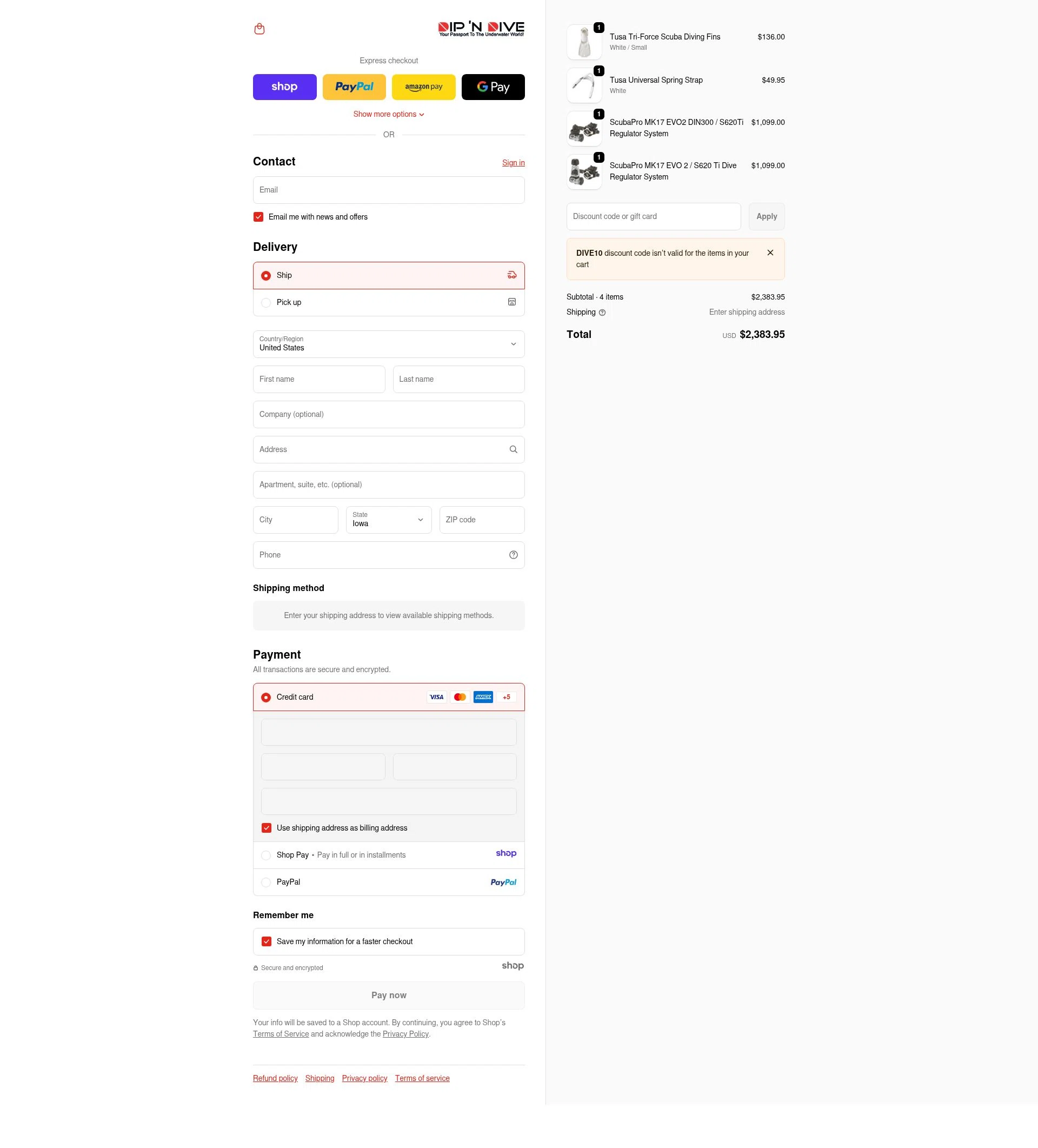 Dip 'N Dive checkout page showing Dip 'N Dive promo code box | Screenshot taken by SimplyCodes community member on Jan 5, 2026