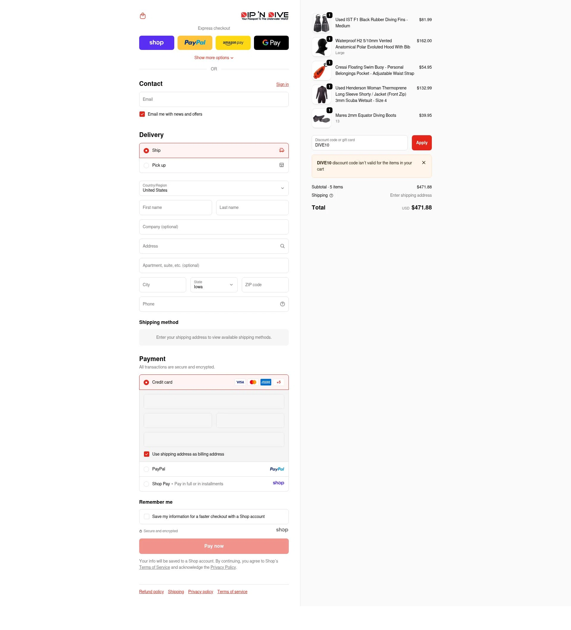 Dip 'N Dive checkout page showing Dip 'N Dive promo code box | Screenshot taken by SimplyCodes community member on Nov 22, 2025