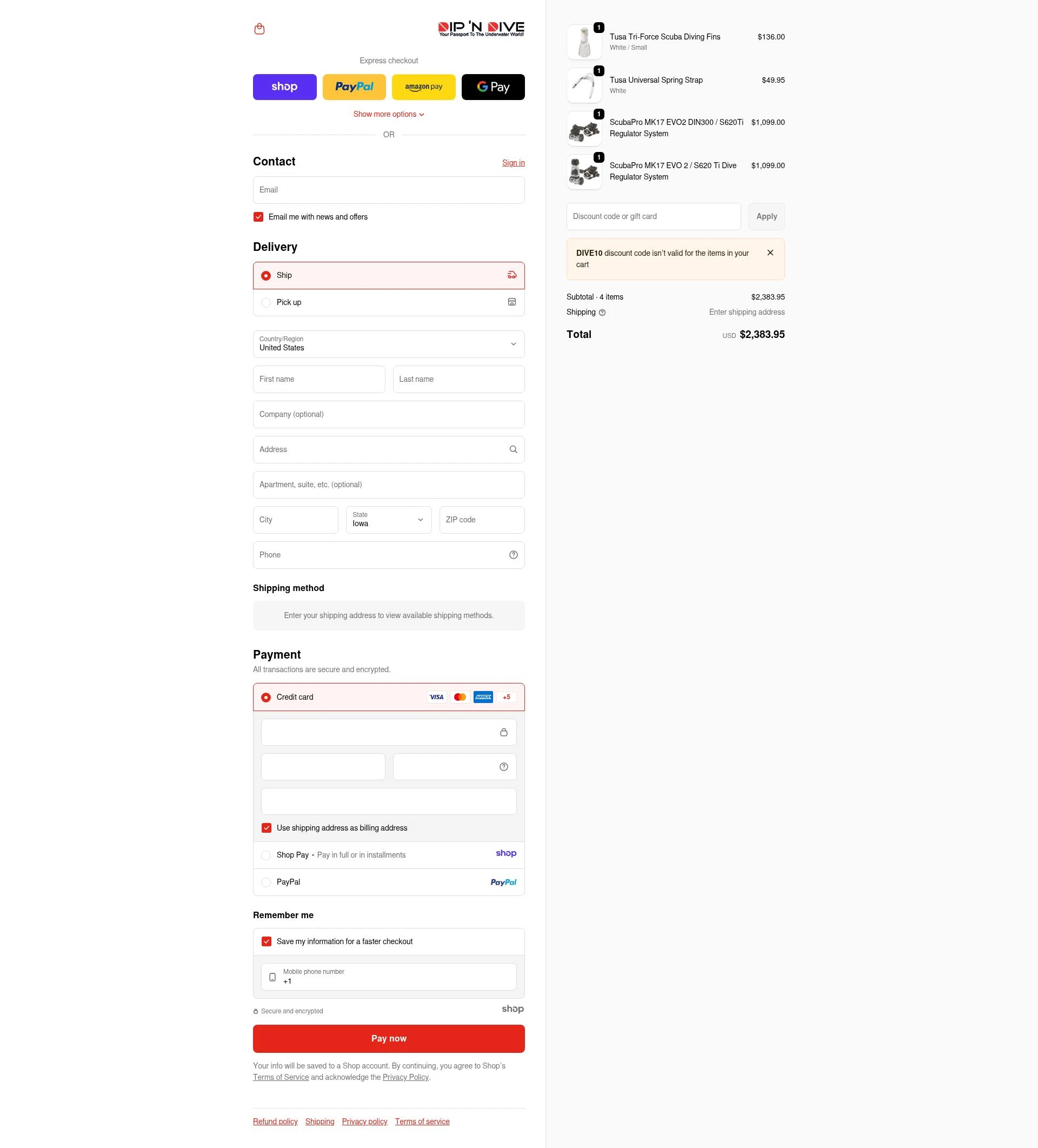 Dip 'N Dive checkout page showing Dip 'N Dive promo code box | Screenshot taken by SimplyCodes community member on Dec 31, 2025
